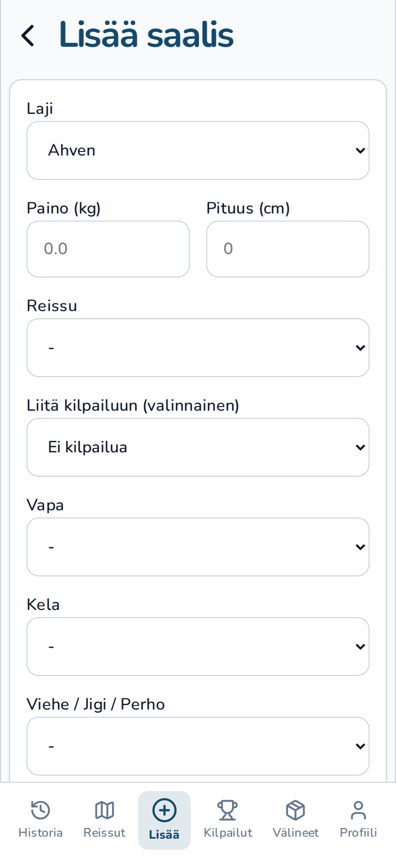 Saaliin lisäys lomake