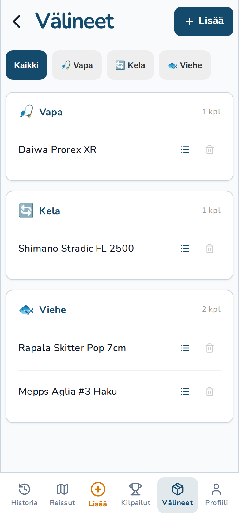 Kalastusvälineet lista
